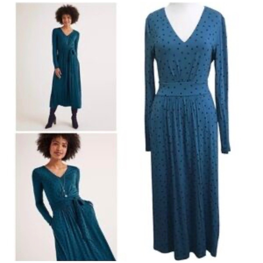 Boden Teal Blue Polka Dot Jersey V-Neck Long Sleeve Midi Dress Womens US 2R